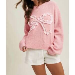 NEW WISHLIST plaid bow brushed sweater in pink